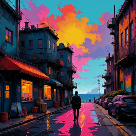 A painting. A vibrant scene along a city street by the ocean. Industrial silhouette. Fashionable.

<lora:PopArt01a_CE_XL_300-OT:0.6> popartCE_style