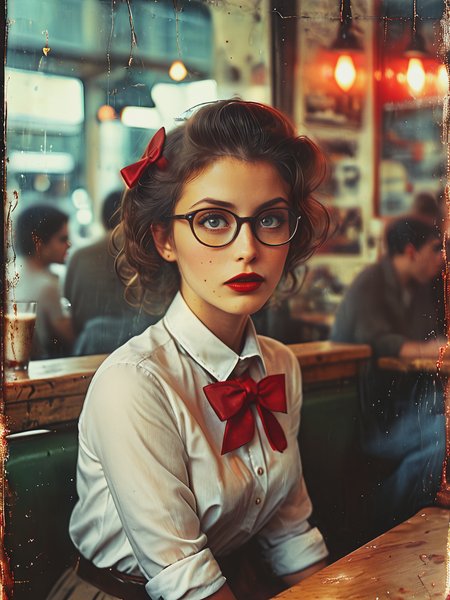 35mm Vintage photo of, waist and torso portrait , portrait of a young, nerdy woman sitting in a cafe, wearing a white shirt and a bow, a cozy atmosphere, eye contact , red lips,highly professional, dramatic lighting, dynamic pose,  
Richard Avedon style, <lora:Vintage_Street_Photo:1> ,
