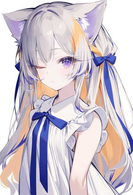 masterpiece, best quality, <lora:yoggiXL_ANI31_lokr_V43P1:0.95>  1girl, solo, animal ears, long hair, white background, one eye closed, simple background, ribbon, upper body, hair ribbon, animal ear fluff, purple eyes, white dress, dress, cat ears, closed mouth, bow, hair bow, grey hair, white hair, multicolored hair, looking at viewer, blue ribbon