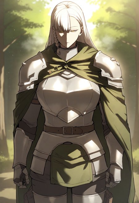 score_9, score_8_up, score_7_up, score_6_up, source_anime, rating_explicit, 1girl, solo, huge breasts, <lora:Justia prefectPonyxl:1> long hair, white hair, side braid, yellow eyes, single braid, colored eyelashes, armor, cape, green cloak, plate armor, breastplate, belt, gauntlets, expressionless, Narrow shoulders, heavy breathing, steaming body, forest, outdoors, standing