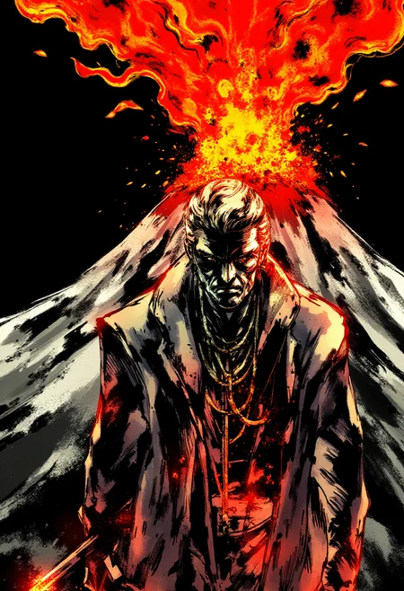 <lora:Yoji_Shinkawa_Style_FLUX-000012:0.9>
This is a digital illustration in a manga-inspired, dark, and gritty yshinkawa style. The artwork features   a volcano erupting