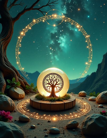 The tree of life symbol etched into an ancient crystal orb at the center of a magical circle made from flowers and herbs under a starlit sky with constellations forming intricate patterns above style mystical and nature-infused color scheme ethereal whites and greens with hints of silver camera details wide shot to capture both the ground elements and expansive night sky high definition