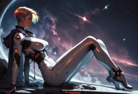 score_9, score_8_up, score_7_up,  side view, full body, woman in a white latex suit, pilot, sitting in spaceship cockpit, galaxy, solo, against night sky, star sky, galaxy, hips, large breasts, Star Trek setting, retrofuturism, blonde hair, (very short hair:1.2), high top cut, red cape, multicolored hair, galactic inner hair  <lora:pony/twilight_style:0.8> concept art <lora:pony/expressiveh:0.8> expressiveh, <lora:pony/kenva:0.7> <lora:sdxl/sinfully_stylish_sdxl>