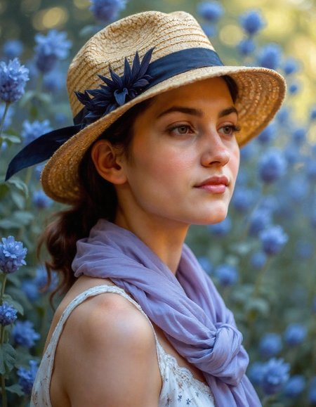 tilt-shift photo of A young woman, adorned with a wide-brimmed straw hat embellished by a dark ribbon and feather, gazes pensively towards the right, a lavender scarf draped gracefully over her floral sundress.  Her luminous skin is highlighted against a dreamy backdrop of blended blues and golds, reminiscent of a Monet landscape.  Capture this scene in the style of John Singer Sargent and Morgan Weistling, employing Impressionistic oil paint techniques with visible brushstrokes and soft edges.  Emulate the rich colors and flexible texture of canvas with a Phase One XF IQ4 150MP's unparalleled resolution and color accuracy.  Shallow depth of field focuses on her delicate features, bathed in soft, luminous light, evoking the ethereal atmosphere of an enchanted garden amidst talking flowers and sentient plants.  The palette harmonizes warm earth tones and cool lavenders, creating a captivating portrait with the soft focus of an f/8 macro lens.  . selective focus, miniature effect, blurred background, highly detailed, vibrant, perspective control<lora:@Deatalhes\Detailed_Hands-000001.safetensors:0.5:1.0> <lora:@Eldritch\Eldritch_Painting_Flux_1.2.safetensors:1.0:1.0>