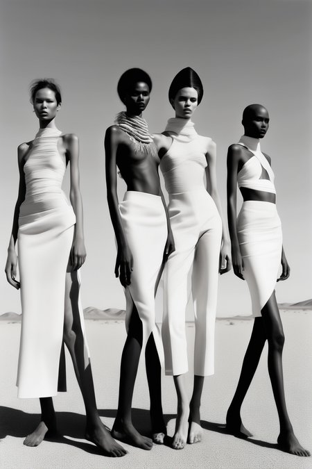 <lora:Zanele Muholi Style:1>Zanele Muholi Style - five female models in the desert, one japanese, one swedish, one african, one latin american, one really dark skinned, the photography is taken in a fashion magazine style, vogue, the photo is taken with a film camera, realistic skin, realistic photo, one dark skinned woman is closer to the camera than the others,wearing clothes inspired by jaquemus spring collection 2023, all clothes are white, photography is black and white