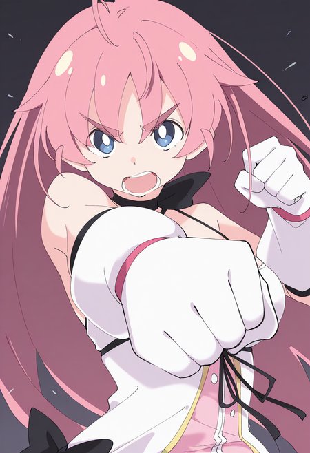 1girl, solo, rinlilustea, mahoutouki, magical girl, medium breasts, pink hair, ahoge, long hair, hair down, thick eyebrows, blue eyes, white pupils, open mouth, serious, punching, upper body, foreshortening, looking at viewer, shouting,