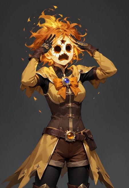 score_9, score_8_up, score_7_up,
lord_of_frenzy, fire head,
novakin, faceless, no eyes, no mouth, no nose, no facial features, short fiery yellow orange hair, body made of black plasma,
open hands, hands on face front,
AhEtoBlehMeme, hands on own head,
magical girl outfit, steampunk dress, boots, (brown shorts:1.1), black tights, medium breasts, belt,
simple background, grey background,