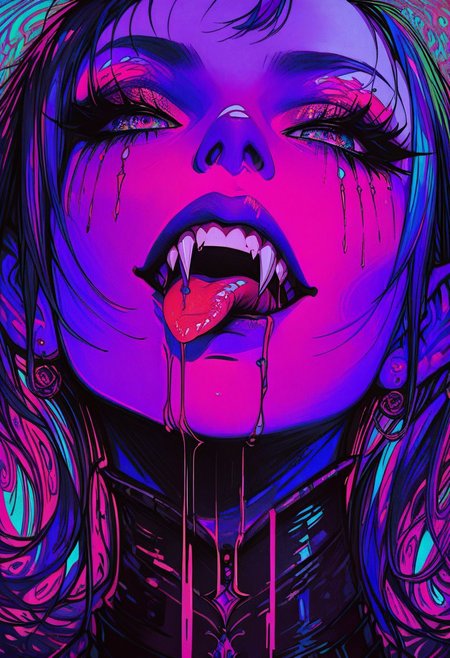 expressiveh, score_9, score_8_up, score_7_up, score_6_up, score_5_up, score_4_up, godrays ,A surreal, digital artwork featuring a close-up of a wide-open mouth with sharp, fang-like teeth. The tongue is elongated and dripping with a swirling, psychedelic liquid in hues of blue, purple, and pink. The background is dark, emphasizing the vibrant, trippy effect. The style is abstract and dreamlike, reminiscent of 1960s psychedelic art.