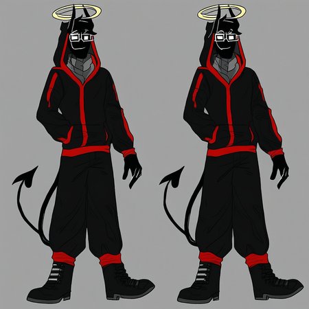 BadBoyHalo, demon, pure black skin, pure white eyes, base outfit, hoodie, hood up, long pants, boots, glasses, Square Glasses, horns, halo, tail, Male