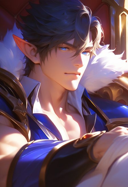 score_9, score_8_up, score_7_up, detailed, The image is a close-up portrait of a male elf with blue eyes, prince, throne room, fantasy,