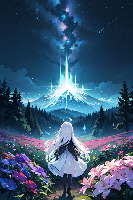 (masterpiece), 1girl, (absurdly long hair:1.2), ahoge, white hair, blue eyes, pale skin, expressionless, flat chest, from back, white dress, forest, scenery, fantasy, crystals, light particles, glowing, flower, flower fields, night, star, milkyway, nebular, cowboy shot
