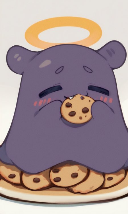 score_9, score_8_up, score_7_up,  Takodachi, no humans, chibi, octopus, halo, closed eyes, blush, fang, open mouth,cookie,eating
