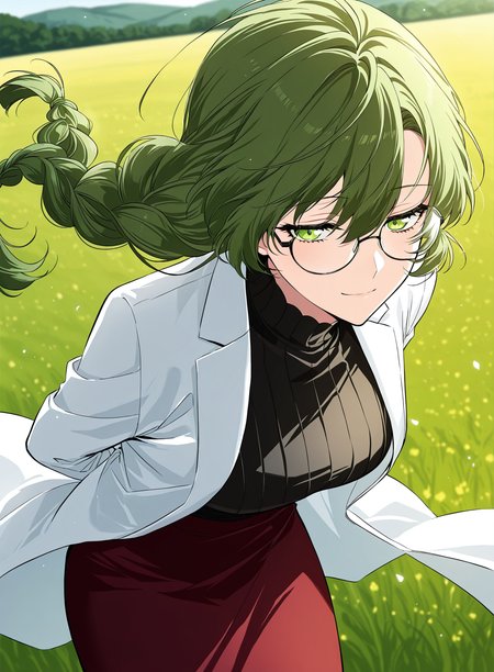 <lora:Master_Alchemist__SSS_Class_Suicide_Hunter__Illustrious:1>
1 girl, solo, green hair, braid, side braid, glasses, green eyes, 
lab coat, white coat, black turtleneck, black blouse, red skirt, long skirt, 
score_9, score_8_up, score_7_up, very aesthetic, source_anime, detailed, high quality, beautiful, masterpiece, detailed eyes, field, blurry background, pose dynamic angle, upper body, cowboy shot, light smile, floating hair, half-closed eyes, hands behind back, leaning forward, looking forward, looking at viewer