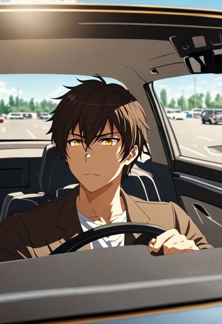 Highres, Masterpiece, High Quality, 4K, 8K, solo, 1Boy, Seiya Kanie, short dark brown hair, golden eyes, driving a car, in a car, parking lot, concentration, serious, focused, tired, cheerful, sunny weather, easynegative, detailed_eye_model