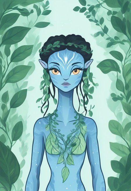 novuschroma57 style flat color cartoon vector of a female Avatar navi alien with blue skin, cleavage, wearing leaf and vines