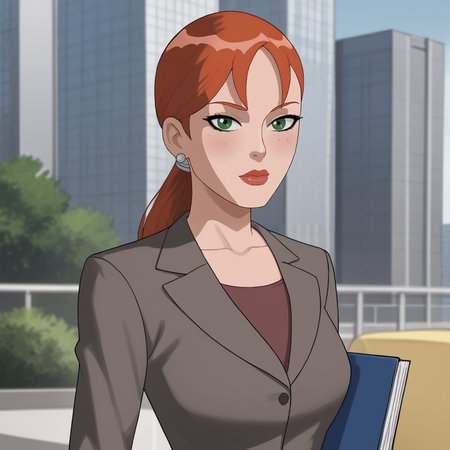 <lora:pepperpottsemh_pony_v1:.7> pepperpottemh, 1girl, pencil skirt, green eyes, grey jacket, lipstick, ponytail, red hair, earrings, jewelry, makeup, black skirt, office lady, formal, long hair, suit, shirt