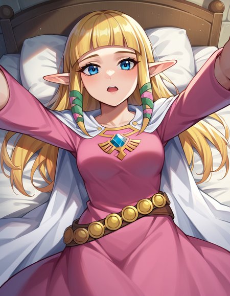 score_9, score_8_up, score_7_up, source_anime,
princesszelda, <lora:zelda-skyward-sword-ponyxl-lora-nochekaiser:1>,
zelda skyward sword, blonde hair, blue eyes, long hair, pointy ears, sidelocks, elf, bangs, blunt bangs, ribbons, hair ribbons,
belt, cape, dress, long sleeves, pink dress, white cape,
indoors, bed, bed room, on back, arm support, arms up, incoming hug, pov, reaching, reaching towards viewer,
looking at viewer, cowboy shot, dutch angle,