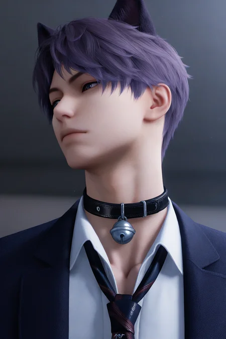 <lora:rafayel-NAI:0.7>,Rafayel, 1boy, male focus, solo, short hair, shirt, white shirt, closed mouth, blurry, collared shirt, jacket, necktie, looking to the side, animal ears, collar, cat ears, from below, bell, cat boy, jingle bell, neck bell, purple hair, yaoi,bara,male focus,very awa,masterpiece,best quality,amazing quality,nsfw,uncersored,highres,best quality,amazing quality,best aesthetic,absurdres,