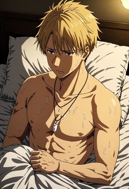 high resolution, solo, best quality, 1Boy, Yamato Ishida, Blond Hair, Necklace, bedroom, dimly lit, pillow, blanket, necklace, upper body quarter, sexual stimulation, tissue, sex toys, climax, masturbation, shirtless, sixpack, horny, OverallDetail