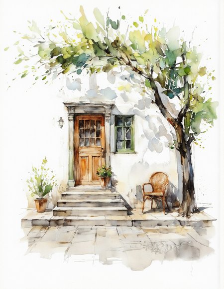AquarelleIV. A watercolor painting of a traditional white house with a green door and a wooden door, set against a white background. the house has a simple, white stucco exterior with a set of stone steps leading up to the front door. There are two potted plants on either side of the stairs, one is a potted plant and the other is a wicker chair. a tree with green leaves is leaning over the door, casting a shadow on the ground. the door is closed, and there is a small window on the left side. the overall atmosphere of the image is peaceful and serene, with a sense of tranquility and tranquility.