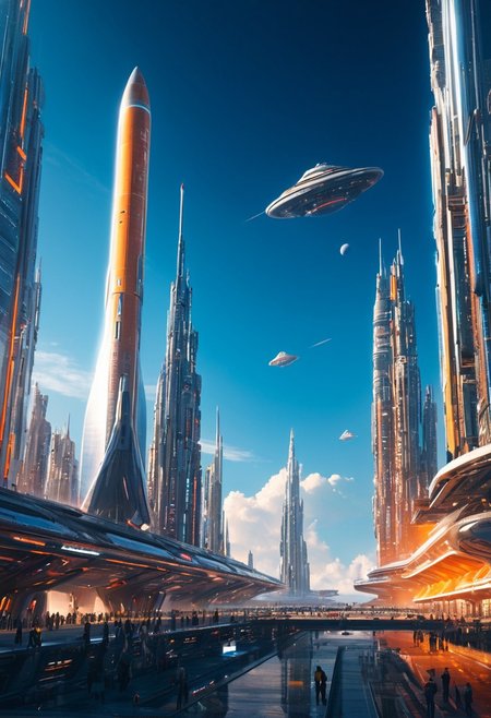 Masterpiece, best quality, UHD, 16k, high res,
futuristic city, territory of launch place, start of space ship, day,  
epic, dynamic colors, warm colors