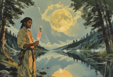 Under a serene moonlit sky, a young man in simple robes stands at the edge of a still, forest-ringed lake, his back to the viewer. His long hair brushes the water, mirroring his image perfectly. Clasping an iridescent feather that emits a soft, ethereal glow, his pensive expression suggests a profound question silently posed to the universe. The trees stand motionless, as if holding their breath for an answer. The glassy water reflects the scene, emphasizing the deep silence. A low-hanging moon casts a silver glow, while distant stars add to the atmosphere of anticipation and introspection. The faintest sounds of nocturnal creatures and lapping water underscore the peaceful yet tense silence, heavy with the unspoken question.