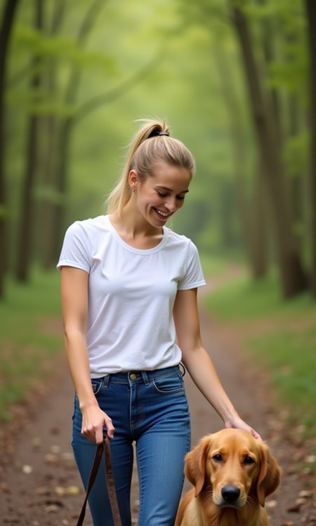 A young blonde woman walking her golden retriever in a serene forest, wearing a white t-shirt and fitted blue jeans, her hair tied back in a ponytail, with a few loose strands framing her bright smile, as she gazes down at her dog while holding the leash with a relaxed grip.