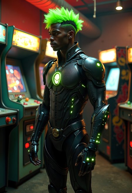 young  athletic male (XY) african, dark skin, black eyes, character, Average build, extra long Quiff hair neon green hair, , wearing Algorithmic matrix armor, cybernetic Raised dermal plating seamlessly fused to flesh, forming a sleek exoskeleton of lightweight carbon fiber or titanium augments, Metallic exoskeleton appendages with intricate circuitry, glowing LED accents mechanical_arms, legs, arms and mechanical_legs, set in  Dusty Arcade Room, Rows of vintage arcade machines with flickering screens, cobwebs hanging from the ceiling, a worn wooden counter with a cash register, and a jukebox in the corner , at sunset, , with art deco style   <lora:flux_trainer/moxiePunk_v4D>