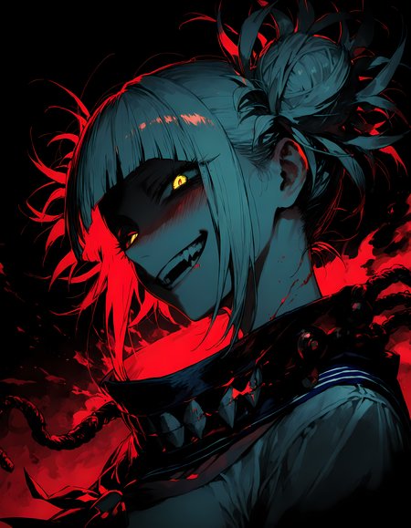 masterpiece,best quality,newest,very aesthetic,absurdres,very awa,highres,(yoneyama mai:0.4),(rella:0.3),(cutesexyrobutts:0.3),(rolua:0.4),newest,year 2024,year 2023,<lora:illustrious_noobai_epsilon_pred_1_masterpieces_v1:1>,<lora:ponyv4_noob1_2_adamW:0.7>,<lora:spo_sdxl_10ep_4k-data_lora_webui:0.8>,light,dark,1girl, blood in clothes, 
toga_himiko,boku_no_hero_academia,"toga himiko, boku no hero academia","1girl, fangs, aroused, blush, crazy
,portrait,limited palette,(monochrome),sinister,horror \(theme\),bad end,gesugao,shaded face,yellow glowing eyes,evil smile,looking at viewer,from side,head tilt,