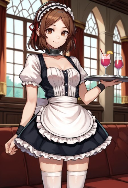 score_9, score_7_up, source_anime, 1girl, solo, <lora:Akane-10:0.8>, Taira Akane, brown eyes, brown hair, maid headdress, ruffled black collar, white sleeves, black bangles, maid top, black skirt, white apron, white ribbon, white high thighs, smiling, closed mouth, holding tray, drink on tray, mansion, window, curtain, indoors, (detailed background)