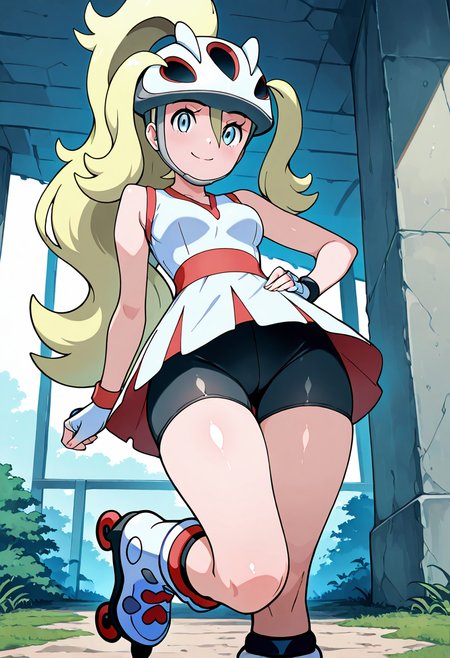 masterpiece, best quality, 1girl, solo, eyelashes, (beautiful eyes), shiny skin, looking at viewer, smile, zzKorrina, blue eyes, hair between eyes, blonde hair, long hair, ponytail, hair between eyes, two side up, white gloves, fingerless gloves, white dress, bare arms, sleeveless dress, black shorts, short dress, helmet, grass, high ponytail, bike shorts, roller skates, shorts under dress,   <lora:KorrinaPokemon_IXL_v1:1.0>, cowboy shot, hand on hip, smug, smile, looking at viewer, shiny skin,