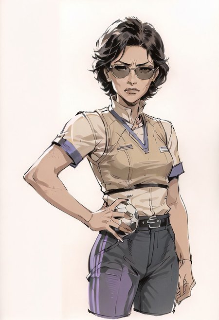 score_8_up, score_7_up, score_6_up (cel-shading, rivals),  (((yoji_shinkawa, Sketch, Traditional media, Monochrome))), <lora:Yoji_v2-000014:0.85>
movie-themed, sharp, detailed, epic photography, artistic, dramatic light, cinematic style, film style, bokeh, cinemascope, moody, epic, gorgeous, film grain, grainy, (((gritty))) 
BREAK
1girl, ((asian female)), ((tan skinned female)), light blue ((puffer vest)), purple athletic yoga pants, tan athletic shirt, ((bob haircut)), athletic shirt, multicolor hair, grey hair streak, black hair, ((sunglasses)), (((soccer mom))), modern, realistic, athletic build, ((mature woman)), wide hips, small breasts, motherly, confident, attractive, beautiful woman, hand on hip, dynamic pose, oblong face, long face, (((Vietnamese woman)))
(dynamic angle), (((plain background, white background)), background out of focus, simple background,