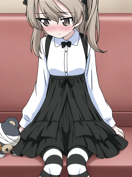 masterpiece,best quality,amazing quality, <lora:Shimada_Alice_Character:0.8>shimada_arisu, 1girl, solo, bangs, brown_eyes, eyebrows_visible_through_hair, hair_ribbon, light_brown_hair, long_hair, one_side_up, black_ribbon, black_bowtie, white_shirt, dress_shirt, long_sleeves, suspender_skirt, black_skirt, layered_skirt, pleated_skirt, striped_legwear, sitting, holding, holding a peluche, shy, blushing