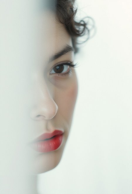 A captivating minimalist portrait of a shy and alluring woman. The left half of her face is visible, with her delicate features seamlessly merging into a blank canvas of white. Her soft, bright red lips contrast against the monochromatic background, drawing the viewer's attention. Her eyes hold a subtle, mysterious expression that exudes both haunting and enchanting vibes. The simplicity of the composition, with its stark contrast, evokes a sense of ethereal beauty. cinematic_1940s cinematic_octane