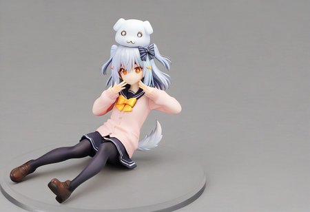 tamakiDefault, 1boy, dghd, dog hair ornament,  blue hair, grey hair, two side up, orange eyes, hair between eyes, dog tail, otoko no ko, multiple hair bows,  black bow, yellow bowtie, black skirt, black thighhighs, brown footwear, pink cardigan,