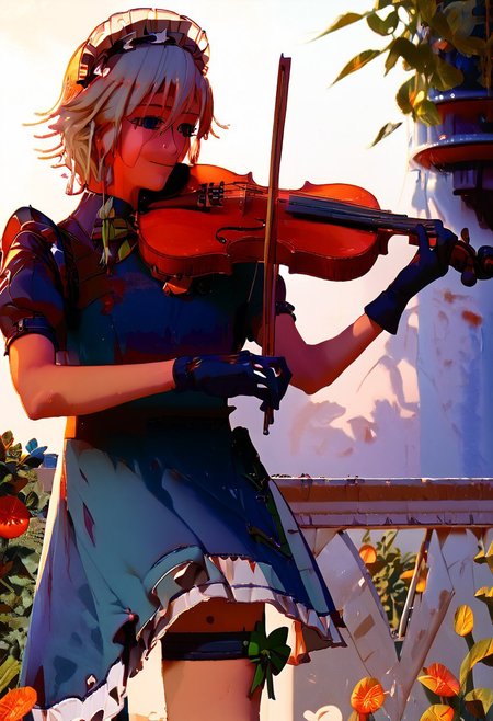 score_9, score_8_up, score_7_up, exterior, garden, fountain, flower, 1girl, solo, solo focus, cowboy shot, sky, blue background, skinny, slender, tall, standing izayoi_sakuya, Izayoi Sakuya playing violin in the garden in front of a fountain, violin, maid, smile, blue eyes, white hair, short hair, twin_braids, green bows, ribbon, blue maid uniform, white maid headdress, white apron, puffy sleeves, detached collar, wrist cuffs, gloves, thigh strap, knife, clock, pocket watch, <lora:mizucx2:1.3>
<lora:holding_violin_holding_bow_music:0.8> violin, holding violin, holding bow (music), playing instrument, 
<lora:Playing Violin (pony) v1:1> playing-violin, violin, holding, bow \(music\), playing violin, 
<lora:violin:0.9>