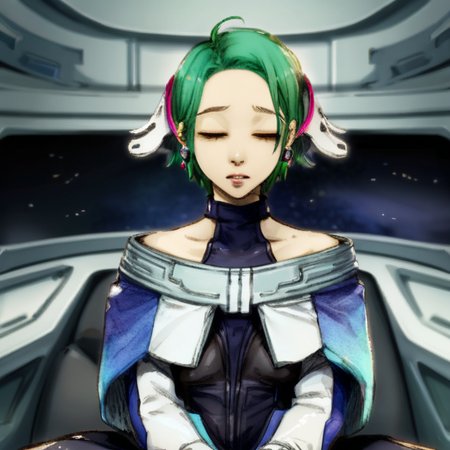 best quality, masterpiece, stella, short hair, green hair, jewelry, earrings, blue eyes, bare shoulders, gloves, space suit, collarbone, hair ornament, makeup, turtleneck, spaceship interior, closed eyes, sitting, thinking