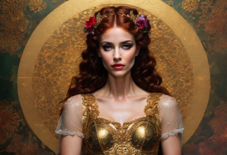 aidmafluxpro1.1,
A masterpiece of (idol girl ink painting full body capture) style created by the collaboration of Gustav Klimt and Eugene Delacroix.
The masterpiece combines the opulent ornamental elements of Gustav Klimt’s gold-laden style with the vivid emotional intensity of Eugene Delacroix’s expressive brushwork. 
**Lighting:**
- Soft, diffused lighting from above creates a gentle glow that highlights the ornate details and textures.
- Shadows are cast diagonally across each material interval, emphasizing depth and contrast.
**Color Palette:**
- Rich, jewel-toned colors dominate the palette, with deep reds, vibrant greens, and golds interwoven throughout the composition.
- The use of metallic gold and reflective surfaces in Klimt’s style contrasts with the organic, painterly brushstrokes of Delacroix, creating a harmonious blend.
**Overall Composition:**
,HD32K,hyperdetailed,best quality,