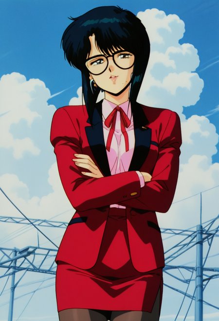 masterpiece, best quality, source_anime,official art,perfect_anatomy,1990s_\(style\),retro_artstyle,1girl,solo,Memory Gene,glasses,black hair,mole,ribbon,ribbon,pink shirt,red jacket,long sleeves,crossed arms,skirt,looking_at_viewer,smile,lips,pantyhose,day,blue_sky,cloud