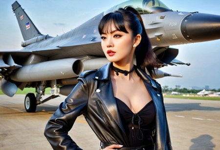 (21yo Jannine Parawie Weigel Ploychompoo (@jannineweigel) Wear a black lingeries bra But wore only a shiny leather jacket and leather trousers, ray ban teardrop sunglasses, Block Heel Tie Thigh High Boots, (Bangs), (smooth black hair, and tied in a ponytail, leather collar:1.3), detailed background, good anatomy, (perfect face, perfect eyes, eyes focus on a viewer, dynamic pose, Realistic, hyperrealistic, extreme portrait closeup shot:1.4), HDR 16K, masterpieces, top quality, best quality, official art, 8k, (background is Royal Thai Air Force airport including thailand F16 and thailand 
 rippen jet hangar:1.2),The jacket does not zip up, floating hairs, 
((Compose the image to primarily focus on the girl model, showing her body up to hips Then gradually incorporate other background elements such as jet airplanes), (It is not necessary to see something focus on the upper half of the girl model):1.4), focus on the model's face,
(35mm, F/2.8) (insanely detailed and intricate, hypermaximalist, elegant, beautiful, revealing, appealing, attractive, amative, hyper realistic, super detailed, <lora:EdobF16_v1.0:0.8>