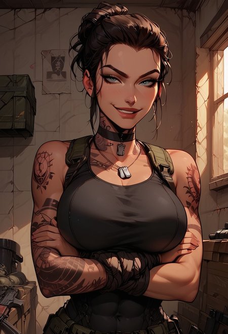 Score_9, Score8_up, Score_7_up, (((High Resolution, Best Quality))), 
1girl, solo, toned arms, Covered in Tattoos, neck tattoos, hair tied up, 
revealing bodysuit, tactical, military gear, large breasts, choker, dog tags,
seducing, seductive, flirty, tender, loving, playful, looking at viewer, smirk, smug, 
Leaning against wall, arms crossed,
inside, Military, military base, military barracks, cots, crates, military boxes, guns, bullets, supplies,