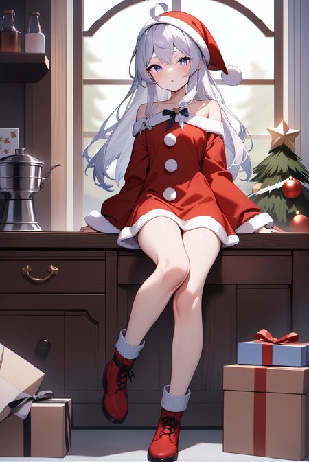 (santa costume), mm-elaina, ahoge, 1girl, solo, skinny, masterpiece, absurdres, high quality, highres, best quality, (full body:1.20), recent <lora:mm-elaina-V02-000003:0.4>