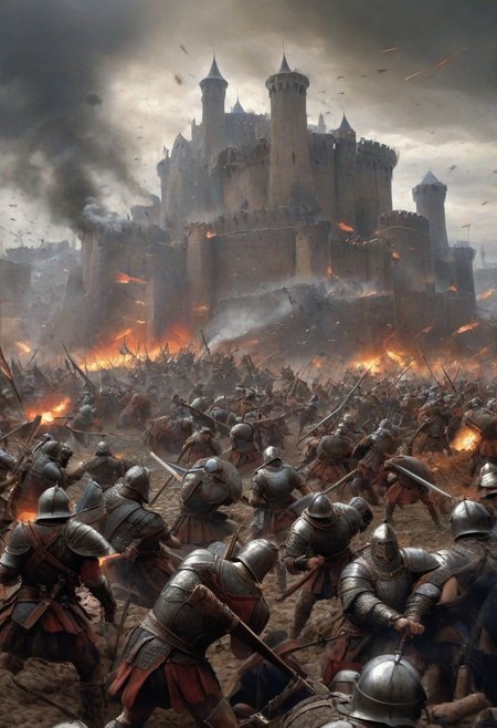 castle, Depict an intense and visceral fantasy battle scene from a close-up perspective of soldiers in combat. In the foreground, armored warriors clash with swords and shields, their faces etched with determination and grit. The ground is churned up with mud and fallen weapons, while banners of opposing factions wave defiantly in the background. The castle city stands in the distance, its imposing walls and towers partially obscured by the smoke of battle. Soldiers fight fiercely, their movements swift and powerful, creating a chaotic yet captivating tableau of warfare. The sounds of clashing metal and battle cries fill the air, adding to the sense of urgency and raw emotion in this epic confrontation