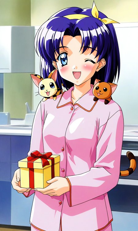 general,highres, ultra-detailed,very aesthetic,best quality ,best hands, BREAK <lora:Nozaki_sumire_Tokimeki_Memorial2_IS:1>
Nozaki_sumire(Tokimeki_Memorial2), 1girl, solo, blue eyes, blue hair, short hair, hairband, small breasts,
smile, holding gift, open mouth, pajamas, holding, blush, ;d, animal on shoulder, 1990s (style), 
ribbon, animal, purple hair, box, upper body, long sleeves, hair ribbon, looking at viewer, gift box,