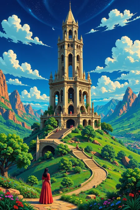 tower beautiful  landscape, noon, woman, very intricate, very detailed, sharp, bright, colorful, <lora:Hand v2:0.5> <lora:Anti-Blur:1><lora:Insane Detail Slider:0.25>  <lora:flux.1_lora_flyway_Epic-detail_v2:0.3> <lora:fluxenhancer:0.25> <lora:Anime_style:0.6> anime style