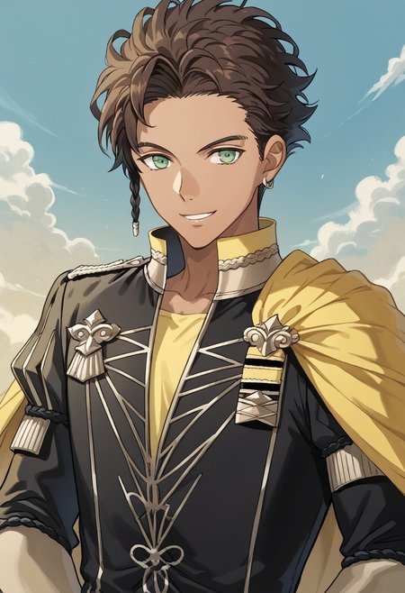 masterpiece,best quality,amazing quality, source_anime,
ClaudeVonRiegan, ClaudeVonRiegan, 1boy, male focus, solo, green eyes, brown hair, dark-skinned male, side braid, jewelry, earrings, garreg mach monastery uniform, shirt, yellow shirt, coat, black coat, high collar, epaulettes, side cape, yellow cape, smile,