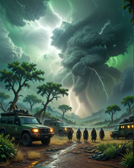 dark fantasy African savanna dotted with acacia trees under supercell thunderheads,Supercell night: Continuous lightning spiderwebbing through green-black vaults,
random group of travelers in landcscape,
 <lora:ral-dark-fantasy-il:1>,apocalyptic,
<lora:extremely_detailed:0.5> extremely detailed,
<lora:DetailMaximizer:0.3>,
 <lora:Dream Scenery XL:0.3> Dream Scenery,
<lora:add-detail-xl:0.5>,
detailxl