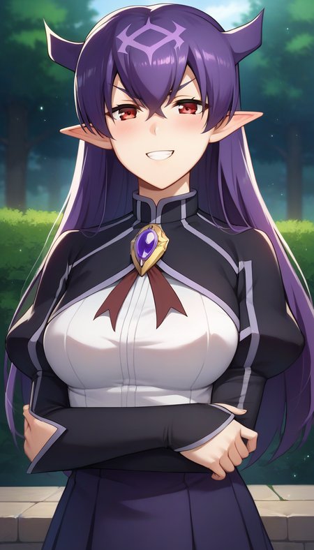 score_9,score_8_up,masterpiece,best quality,correct anatomy,anime_source,1girl,solo,perfect eyes,perfect arms,perfect legs,perfect face,outdoors,upper body,(portrait:1.5),looking at viewer,facing viewer,evil smile,blush,Maria,horns,long hair,purple hair,pointy ears,hair between eyes,parted bangs,v-shaped eyebrows,red eyes,grin,school uniform,black capelet,long sleeves capelet,brooch,choker,red ribbon,turtleneck shirt,white shirt,juliet sleeves,puffy sleeves,medium breasts,skindentation,miniskirt,purple skirt,pleated skirt,black socks,loafers,<lora:Maria(ek)-Pony:1.6>,