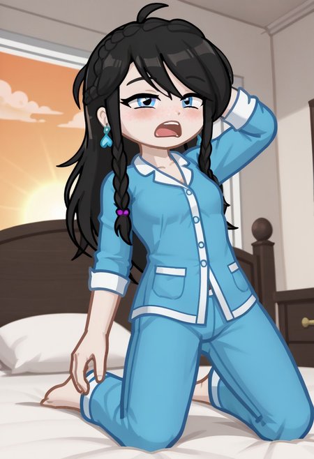 score_9, score_8_up, score_7_up, score_6_up, GELUGDD, GELUGDDGacha, Gacha, girl, black hair, long hair, braid, blue eyes, blue earrings,  blue pajamas, bedroom, kneeling on bed, messy bed, sunrise, god rays, yawning:1.5, sleepy:1.5, arm up, hand behind head, (arched back), (half closed eyes:1.5), from below