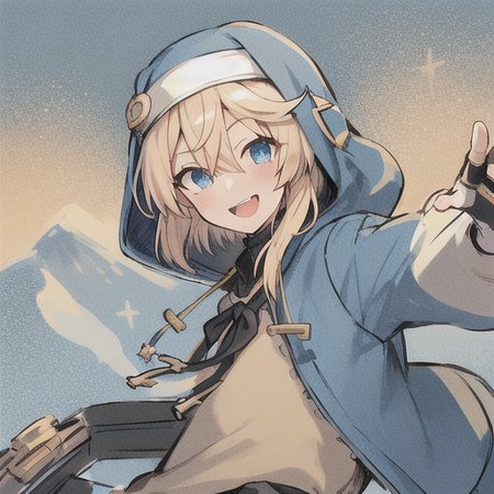 blonde hair,otoko no ko,male focus,1boy,hood,solo,gloves,looking at viewer,fingerless gloves,jacket,hooded jacket,hood up,long sleeves,habit,smile,hair between eyes,blush,black gloves,skirt,open mouth,bangs,blue jacket,bike shorts,blue eyes,bridget girl,<lora:bridget01:1>
